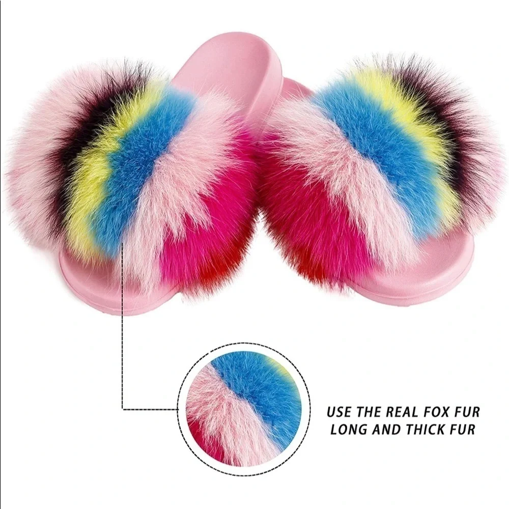 NEW Women's Fur Slides Slippers Pink Rainbow 9-9.5